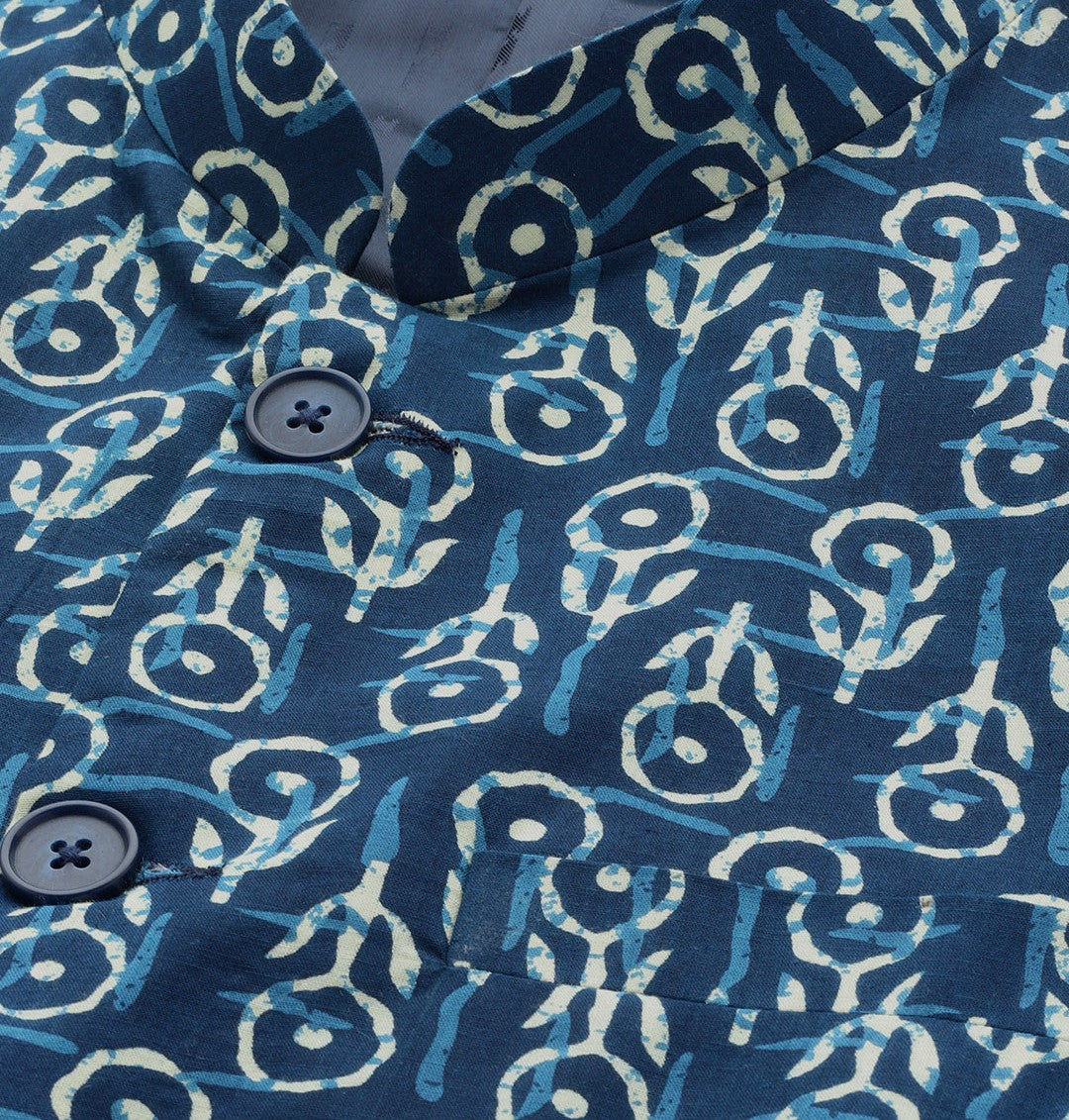 Men Blue Pure Cotton Kurta Pajama With Printed Nehru jacket