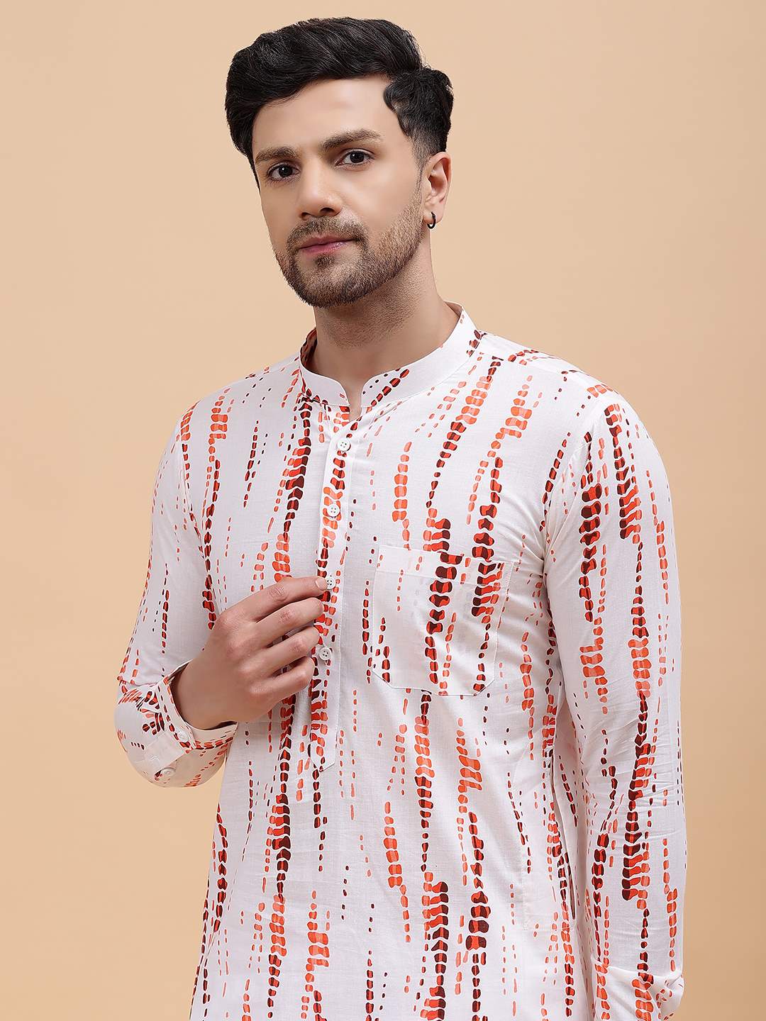 Men White & Orange Pure Cotton Printed Straight Kurta With Pajama