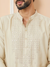 Beige Embroidered Zara Silk Straight Kurta with Pyjama