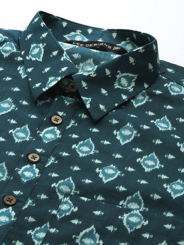 Men Teal Blue Regular Pure Cotton Pathani Printed Men's Kurta With White Salwar