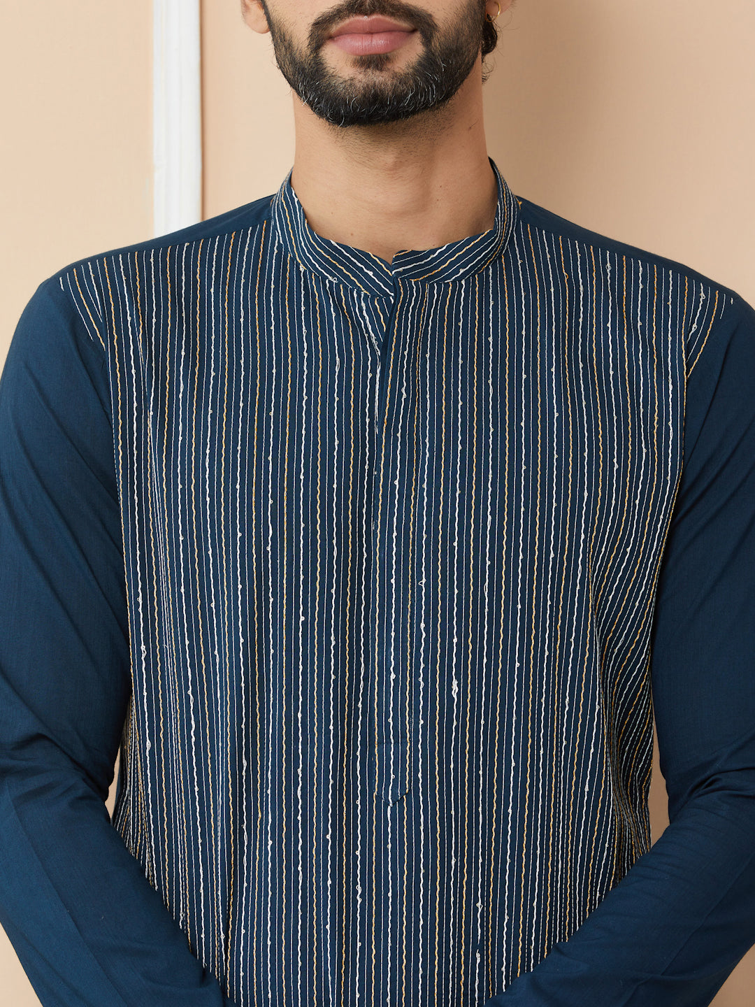 Dark Blue Thread & Sequins Worked Pure Cotton Straight Kurta with Pyjama