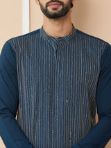 Dark Blue Thread & Sequins Worked Pure Cotton Straight Kurta with Pyjama