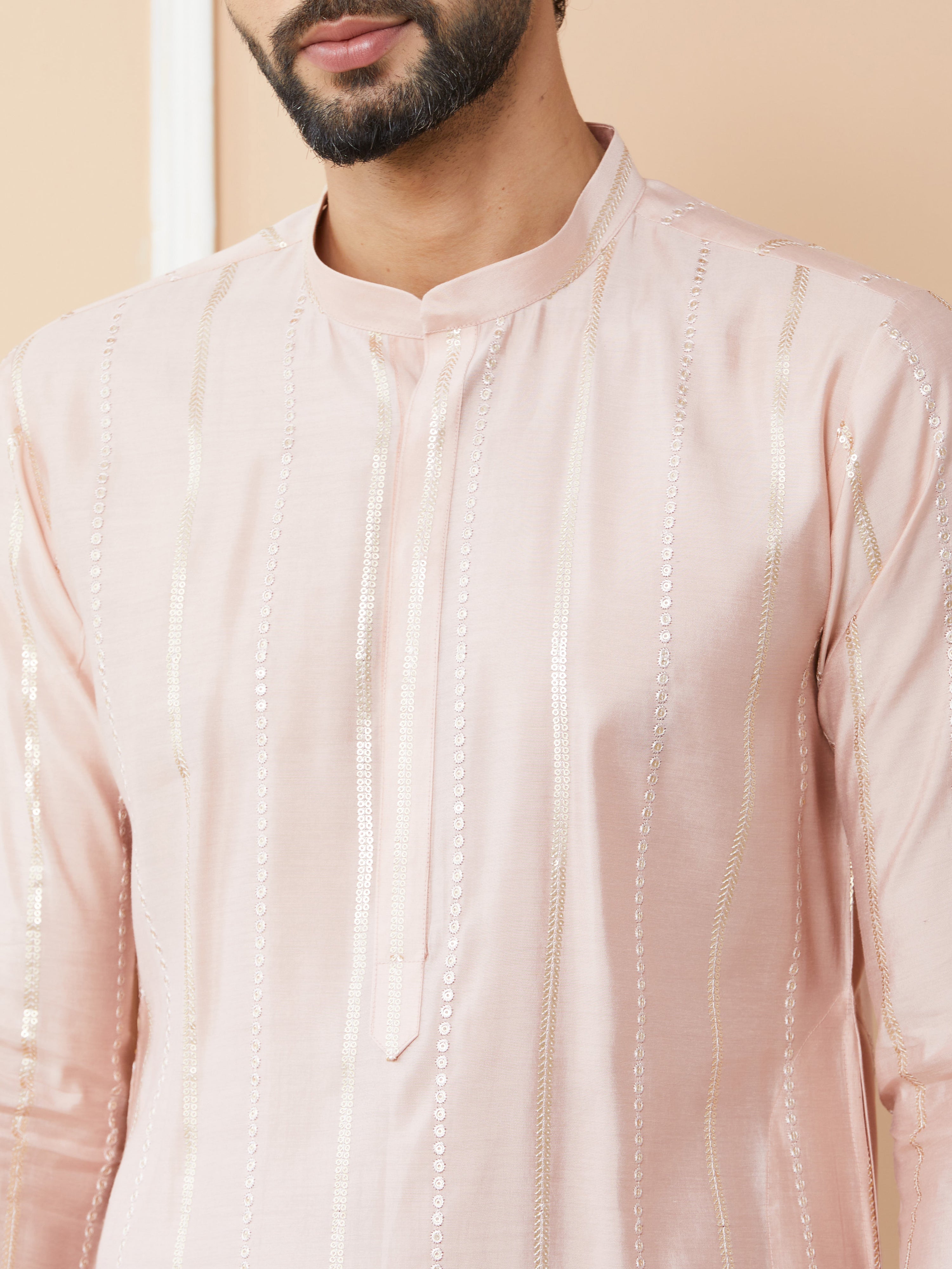 Light Pink Sequins Embroidered Pure Chanderi Silk Straight Kurta with Pyjama