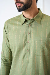Men Olive Regular Pure Cotton Pathani Kurta With Gold Pyjama