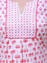 Women Soft Pink and White Floral Yoke Design Embroidery Cotton Kurti