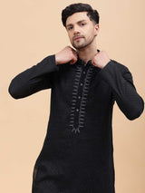 Men Black & Silver Silk Woven Design Straight Kurta