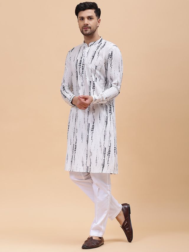 Men Grey & White Pure Cotton Printed Straight Kurta With pyjama