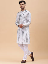 Men Grey & White Pure Cotton Printed Straight Kurta With pyjama