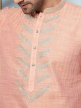 Riwaat.com Men Peach Embroidery Cotton Kurta Riwaat Embroidered