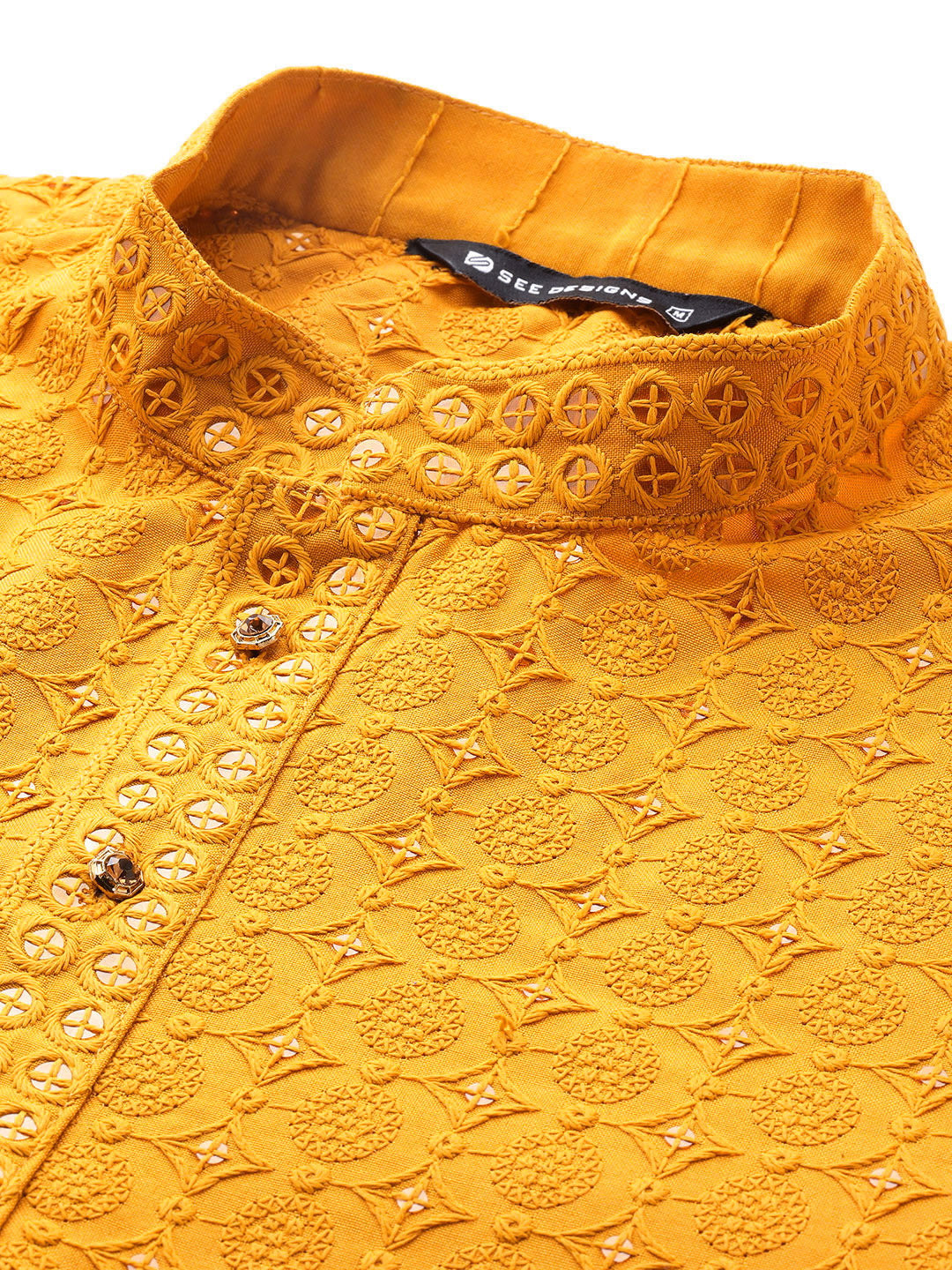 Men Mustard Embroidered Sequin Rayon Kurta
