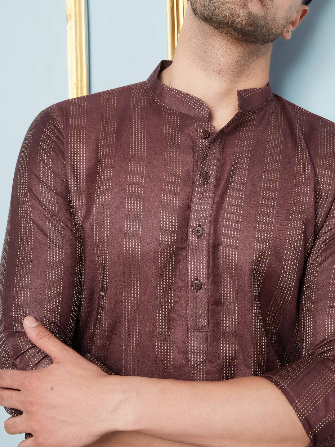 Men Coffee & Gold Woven Design Thread Work Kurta With Pajama