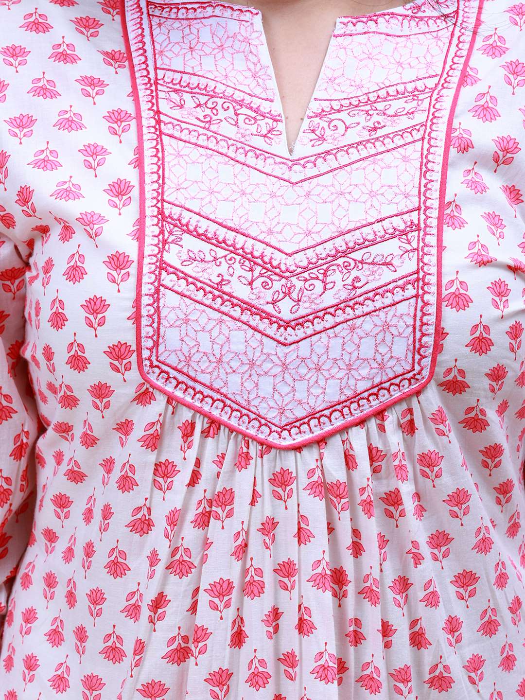 Women Pink And White Floral Yoke Design Embroidery Cotton Kurti