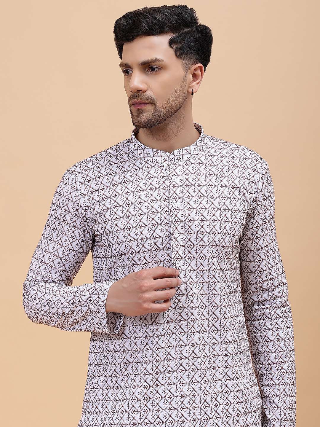 Men Off White & Brown Pure Cotton Embroidered Straight Kurta