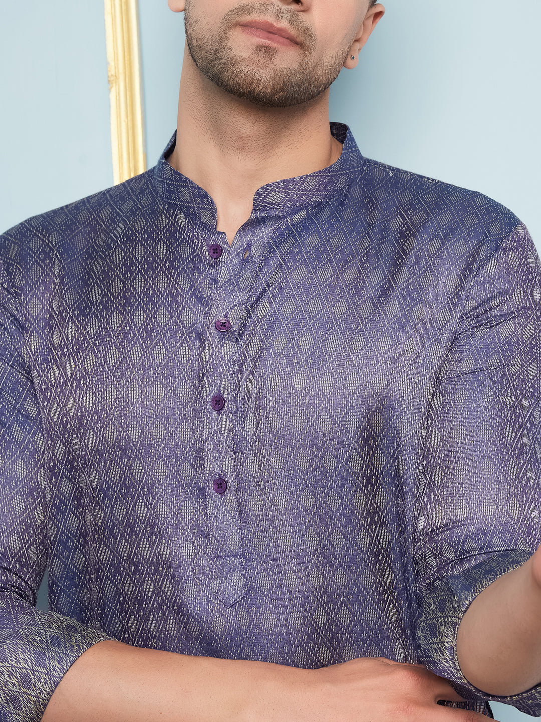 Men Navy Blue & Gold Woven Design Thread Work Kurta With pyjama