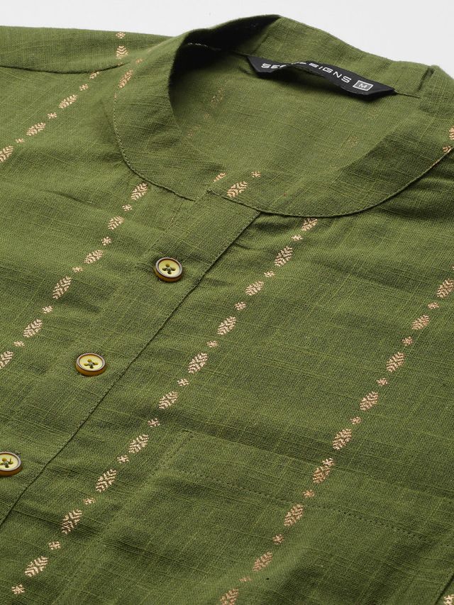 Men Green & Gold Stripe Printed Straight Kurta With Pyjama