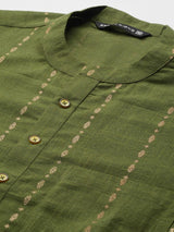 Men Green & Gold Stripe Printed Straight Kurta With Pyjama
