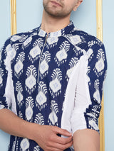 Men Blue and White Printed Kurta With pyjama