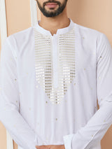 White Sequins Embroidered Rayon Straight Kurta with Yoke Design and Pyjama