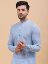 Men Sky Blue & White Pure Cotton Embroidered Straight Kurta With pyjama