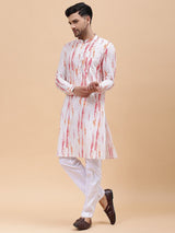 Men White & Pink Pure Cotton Printed Straight Kurta With pyjama
