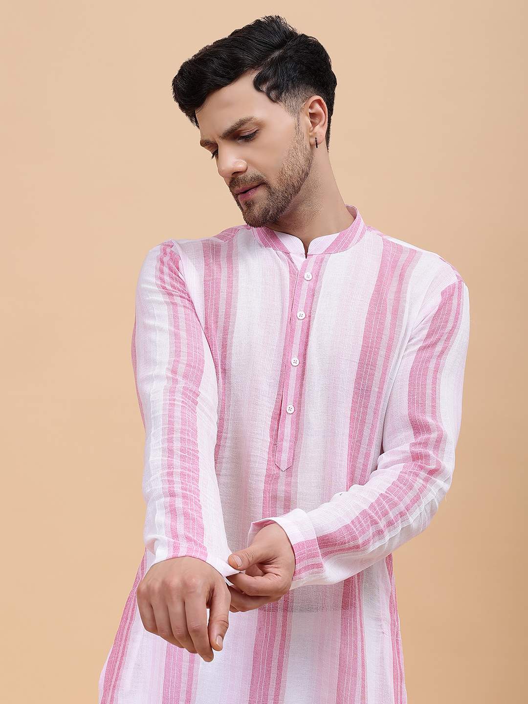 Men White & Pink Pure Cotton Printed Straight Kurta