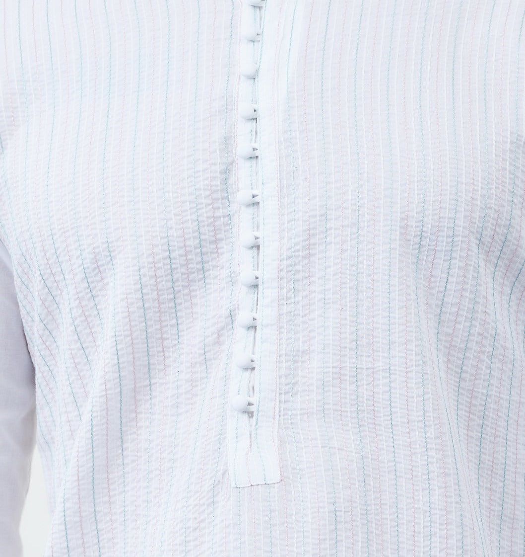 Men White Kurta with Pastel Blue and Pink Stripes and Pajama