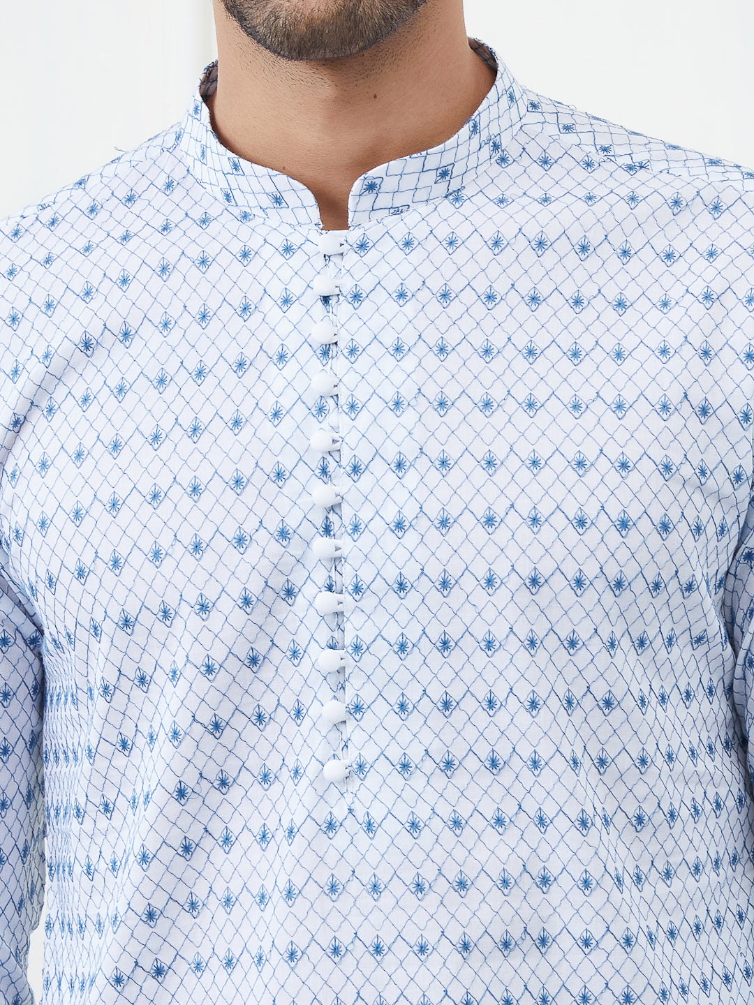 Men White And Blue Chikankari Embroidered Cotton Kurta