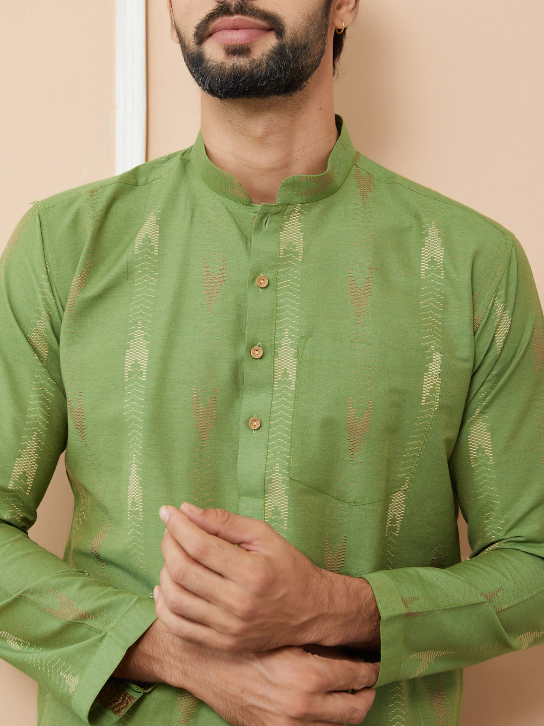 Green Cotton Handloom Motifs Straight Kurta with Pyjama