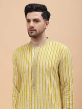 Men Gold & White Pure Cotton Embroidered Straight Kurta