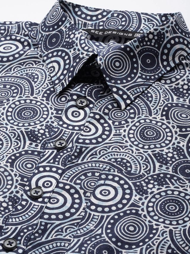Men Blue Regular Pure Cotton Pathani Printed Men's Kurta