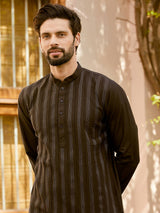 Men Deep Black with Subtle Grey Stripes Pintex Design Thread Work Cotton Kurta With Pajama