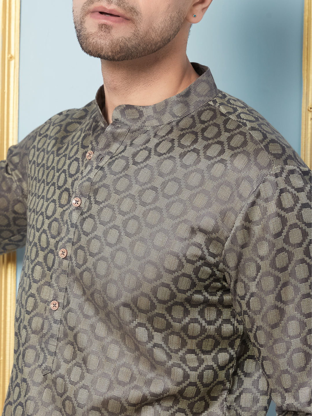 Men Charcoal & Green Woven Design Thread Work Kurta
