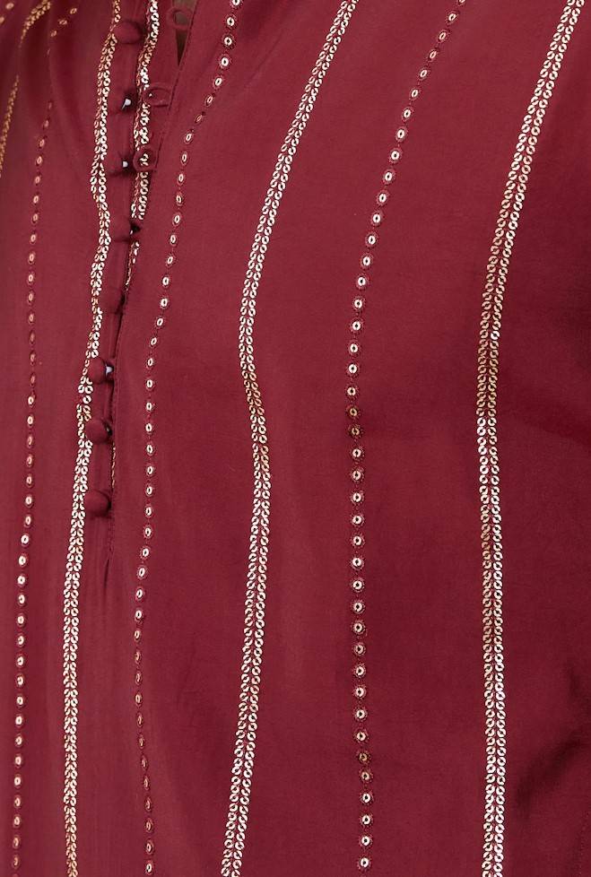 Men Burgundy And Gold Chanderi Silk Sequins Kurta With Pajama