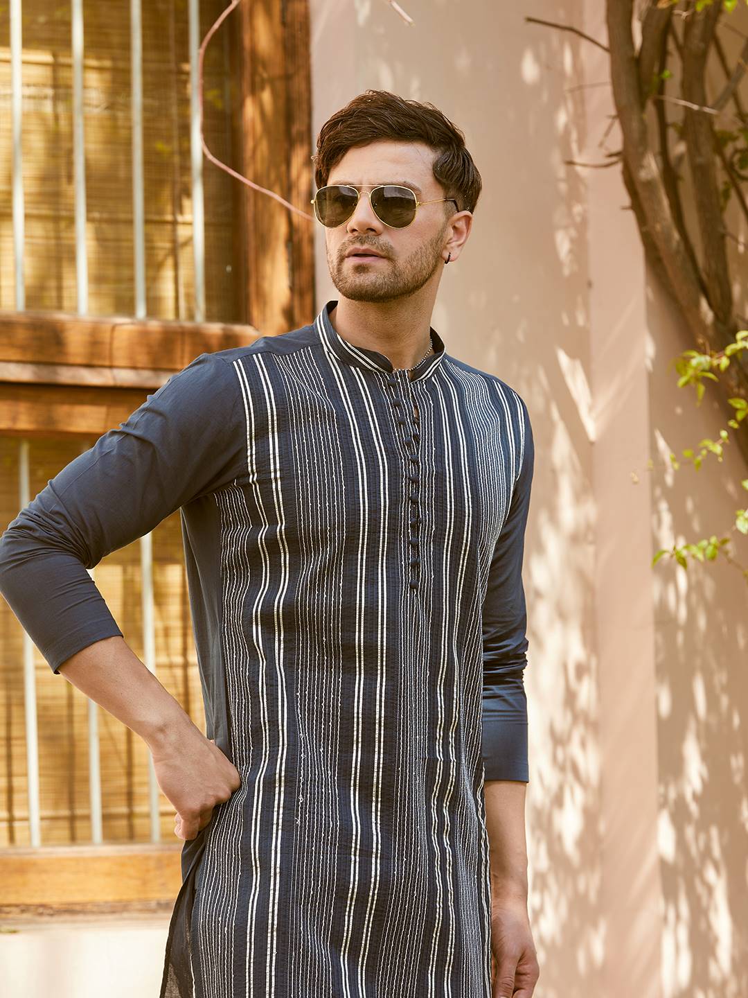 Men Midnight Blue with Stripes Pintex Design Sequins Cotton Kurta With Pajama