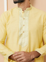 Yellow Solid Cotton Straight Kurta with Pyjama with Jacquard neckline