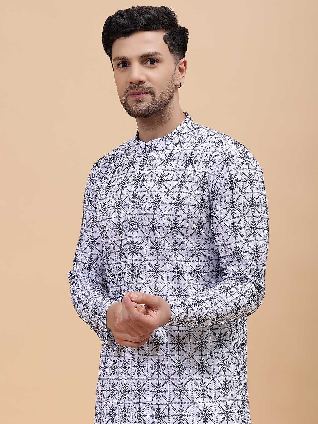 Men Off White & Blue Pure Cotton Embroidered Straight Kurta