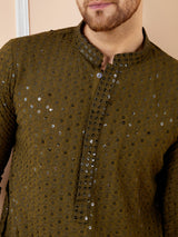 Men Olive Floral Embroidered Sequins Rayon Kurta Set