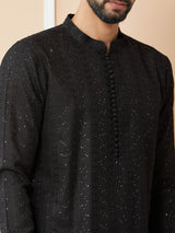 Black Embroidered Thread Work Sequinsed Chanderi Silk Straight Kurta with Pyjama