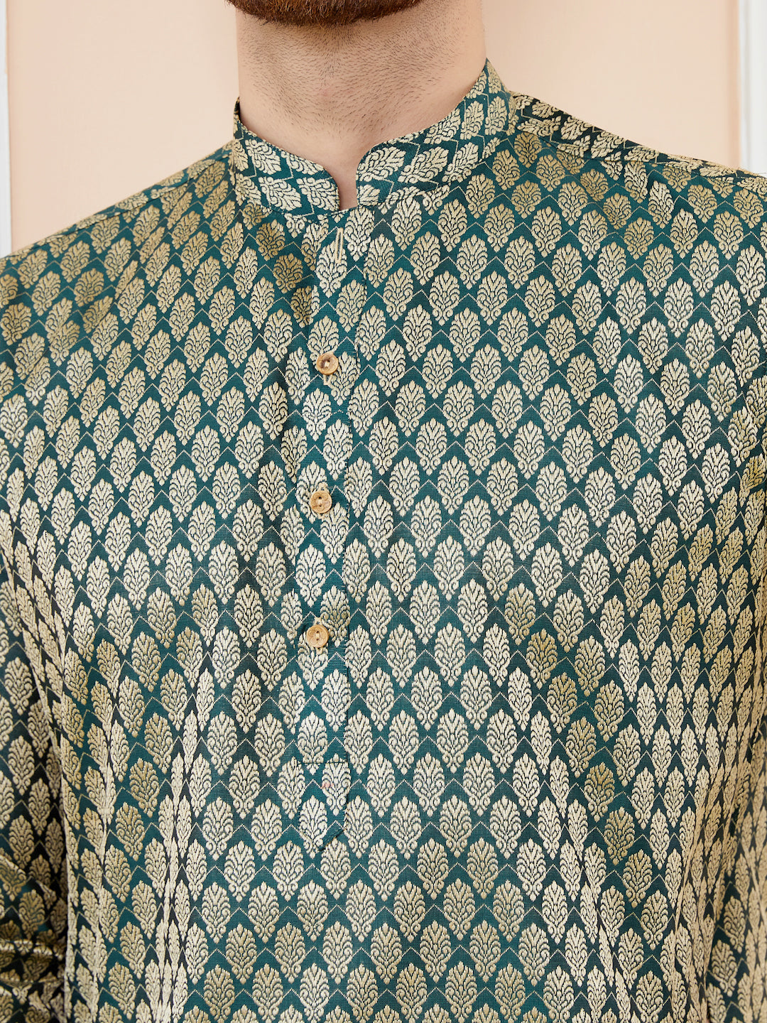 Green Ethnic Motifs Silk Jacquard Woven Design Straight Kurta with Pyjama