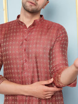 Men Maroon & Gold Woven Design Thread Work Kurta With Pajama