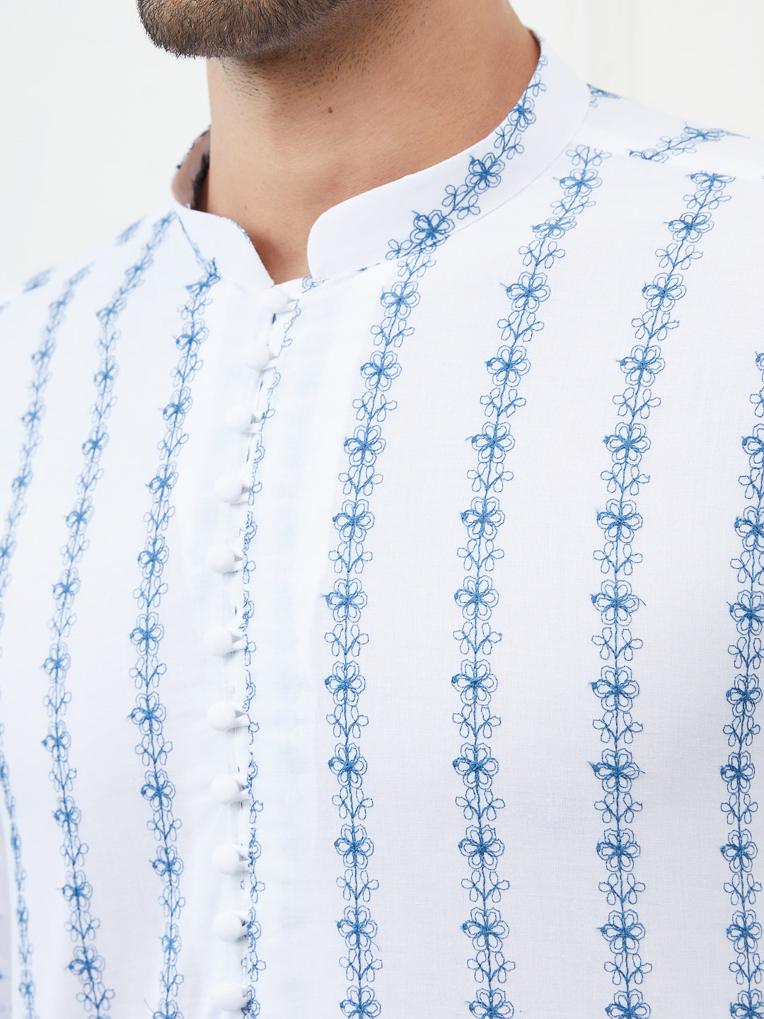 Men White And Blue Chikankari Embroidered Cotton Kurta