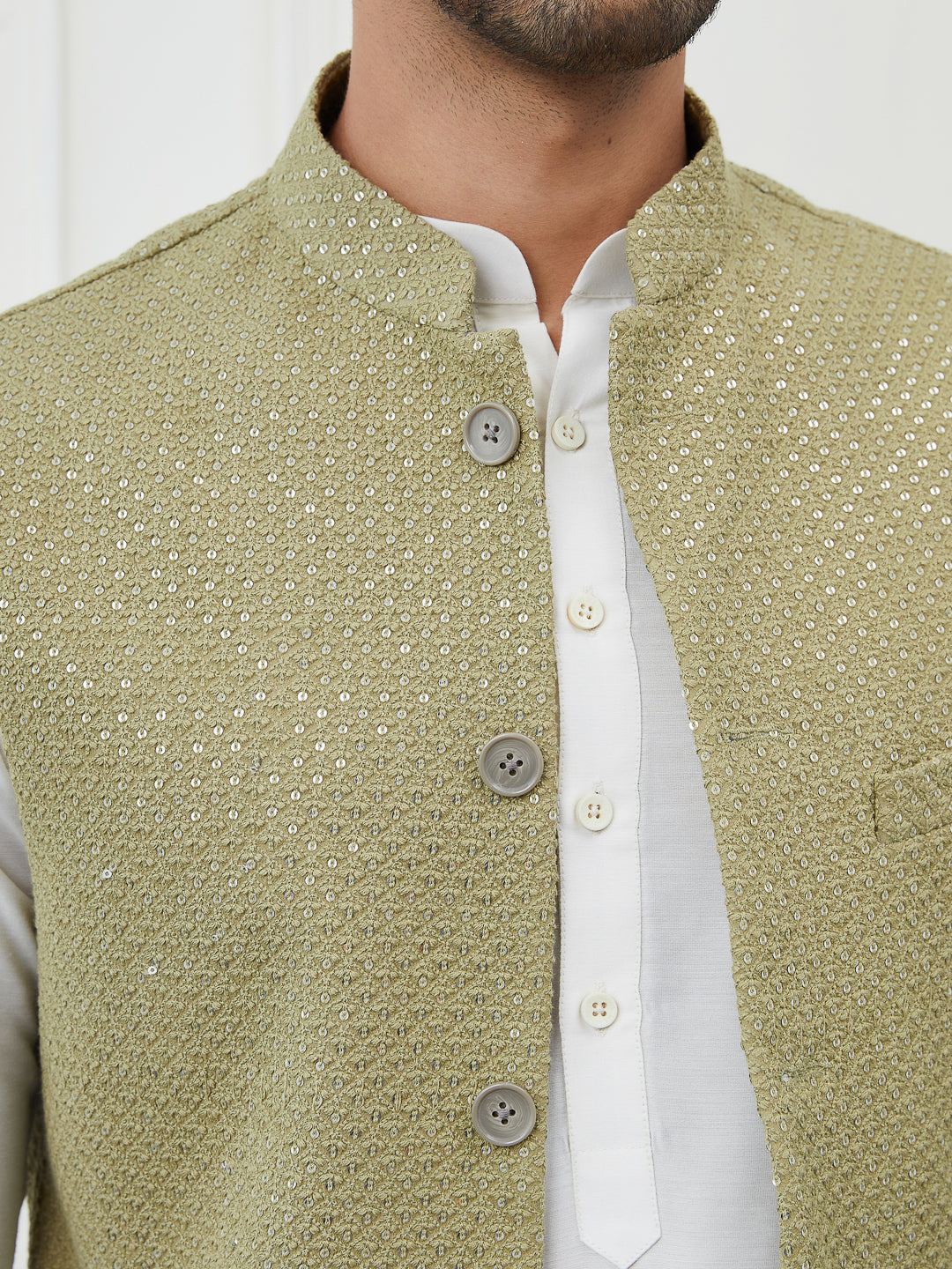 Men Khaki Color Woven Design Embroidery With Sequence Cotton Nehru Jacket