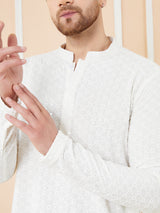 Men White Embroidered Sequins Rayon Kurta Set