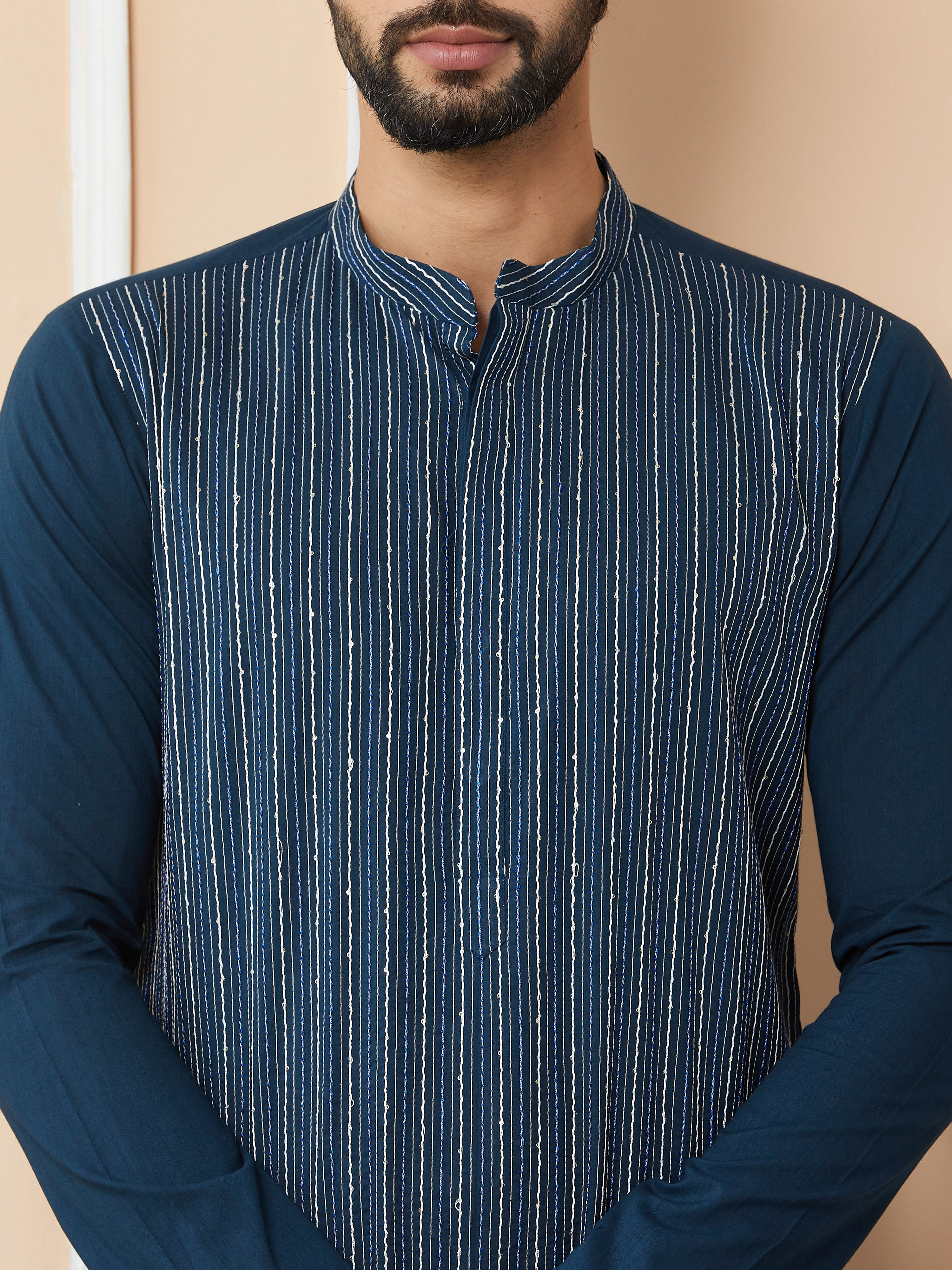 Dark Blue Thread & Sequins Worked Pure Cotton Straight Kurta with Pyjama