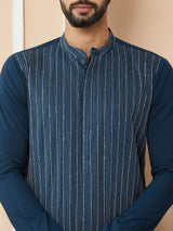 Dark Blue Thread & Sequins Worked Pure Cotton Straight Kurta with Pyjama