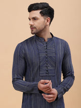 Men Navy Blue Pure Cotton Printed Straight Kurta With pyjama