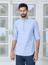 Men Pack Of 2 Sky Blue & Blue Cotton Solid Short Kurta