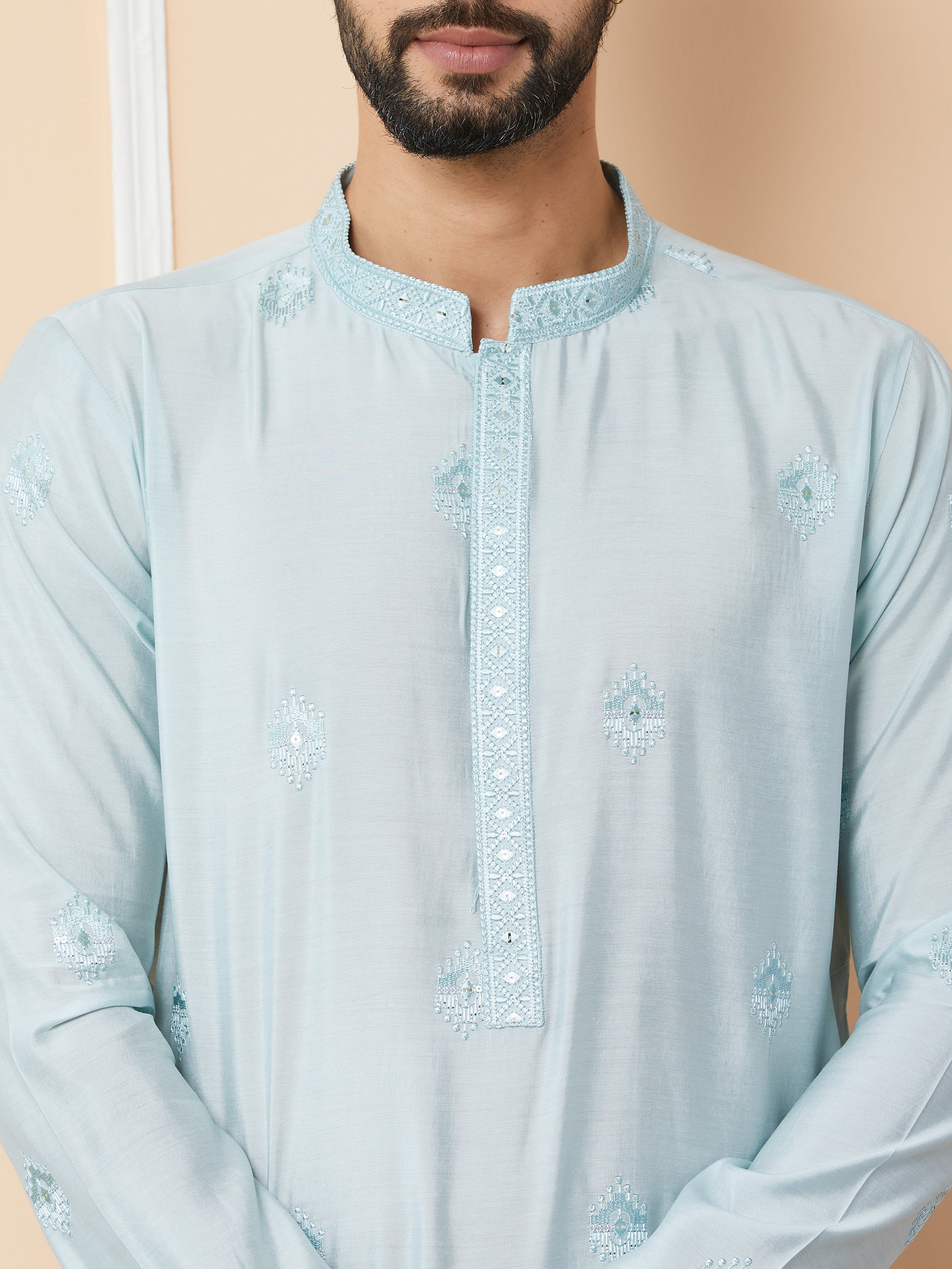 Light Cyan Embroidered Pure Chanderi Silk Straight Kurta with Pyjama