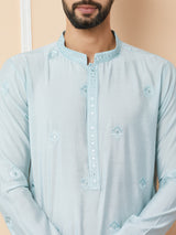Light Cyan Embroidered Pure Chanderi Silk Straight Kurta with Pyjama