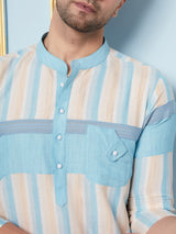 Men Off White and Turquoise Weaving Design Kurta With pyjama